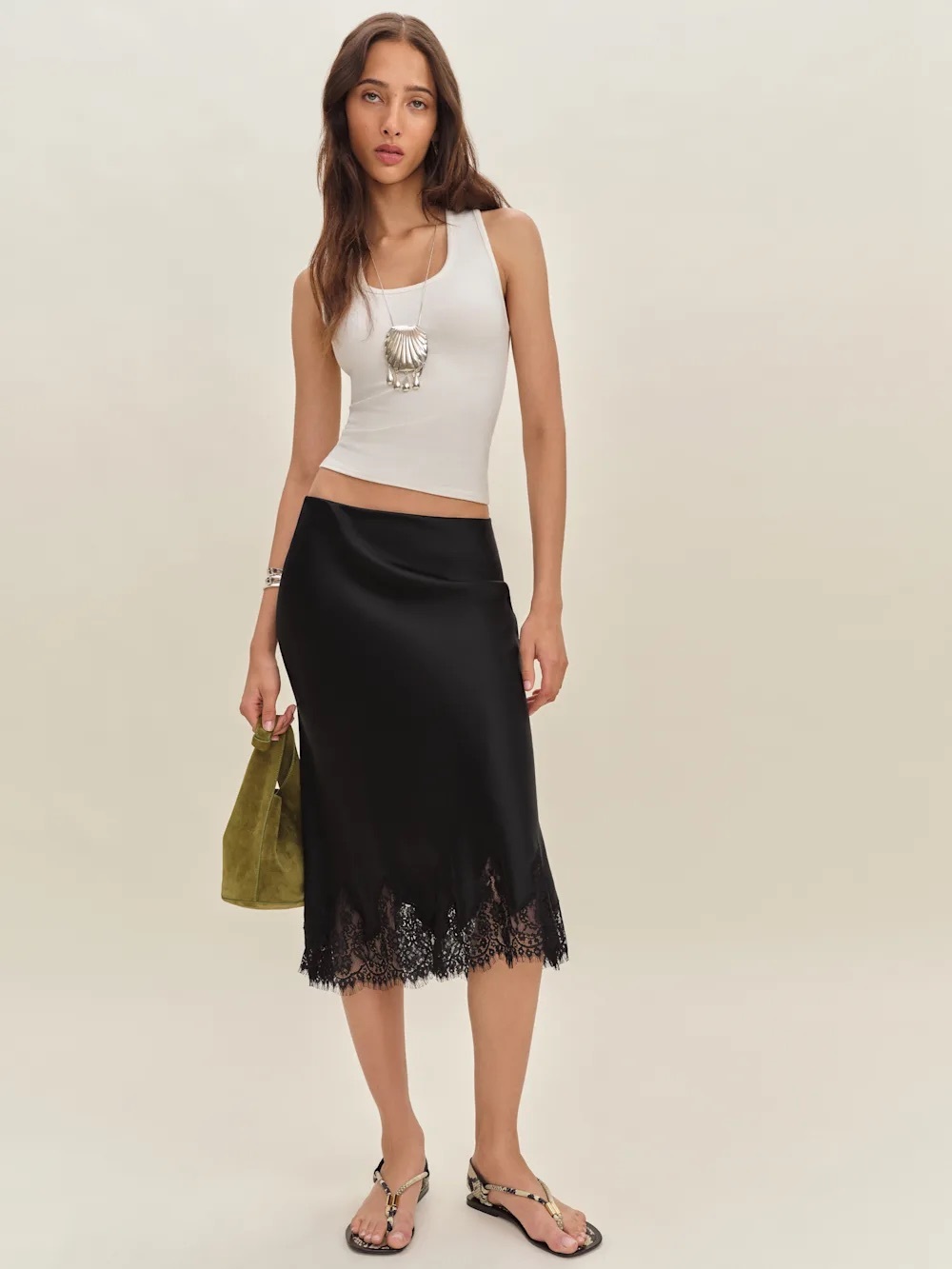 Reformation Carolina Black Satin Lace Slip Skirt nwt